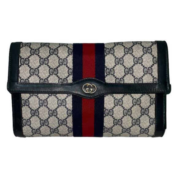 GUCCI GG Supreme Sherry Line Canvas Leather Clutch Bag  Navy Red Black - Picture 1 of 15